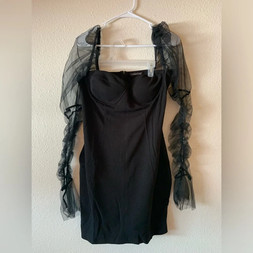 NWOT Sheer Puff Long Sleeve Club Dress Bodycon Halloween Party Clubwear - Picture 5 of 11